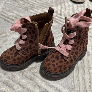 Cat & Jack Brown Leopard Print Boots with Pink Laces